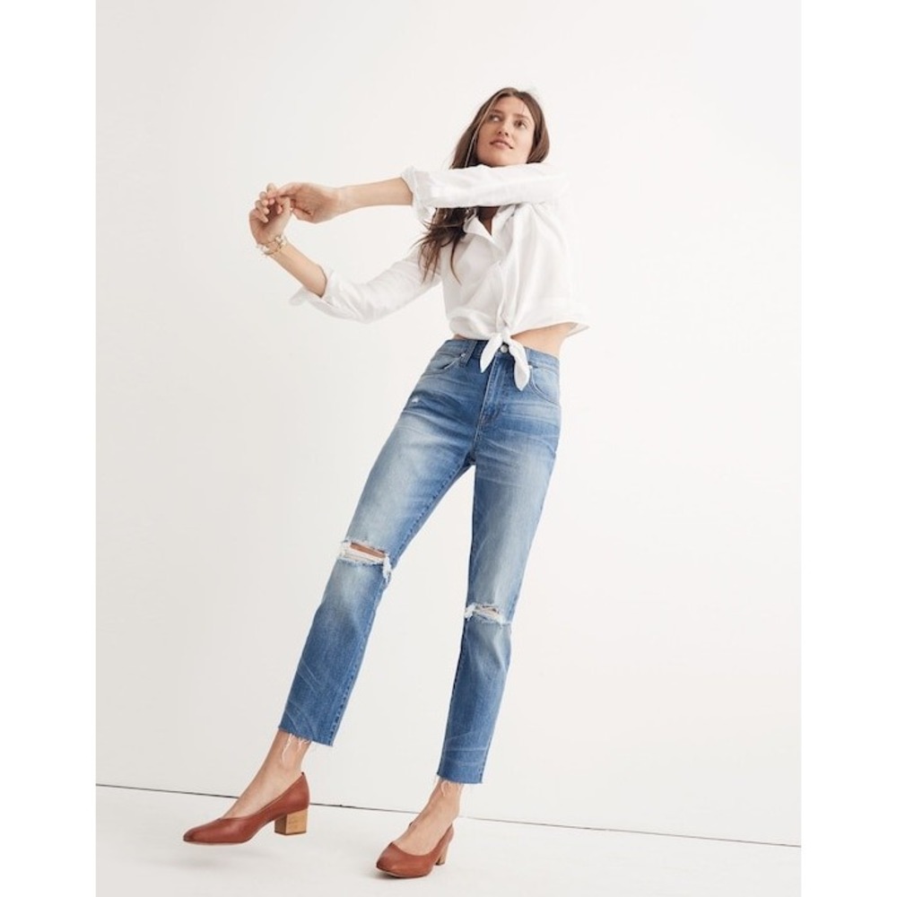 MADEWELL Jeans Size 26 The High Rise Slim Boyjean Distressed Raw Hem Blue Denim